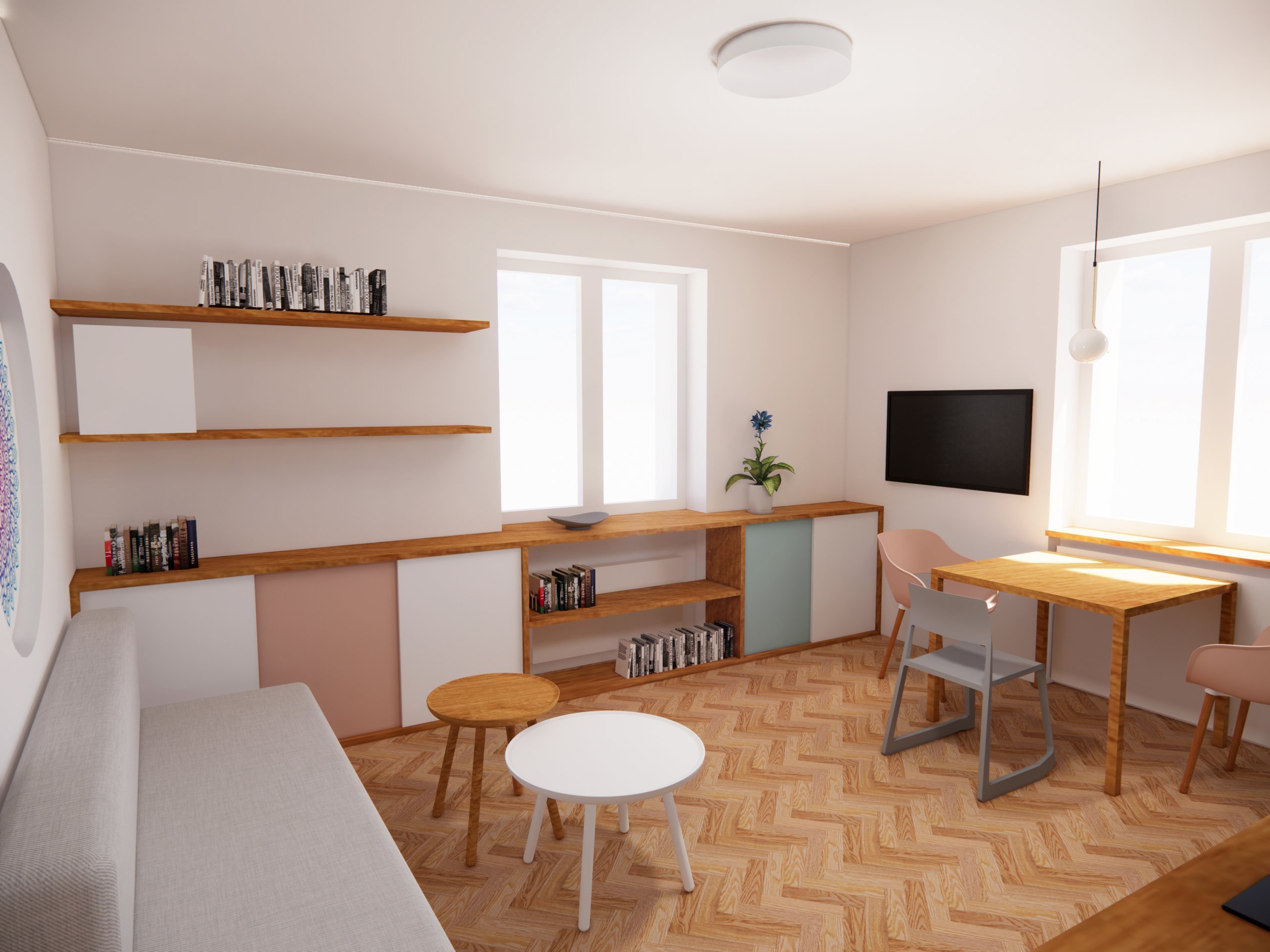 Obývací pokoj s kuchyní - zachováváme původní parkety