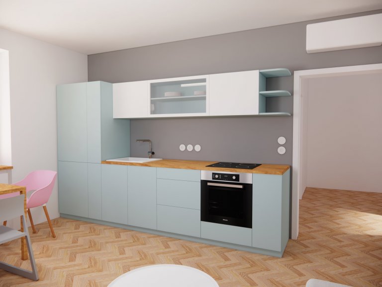 Kuchyňská linka v mintové barvě