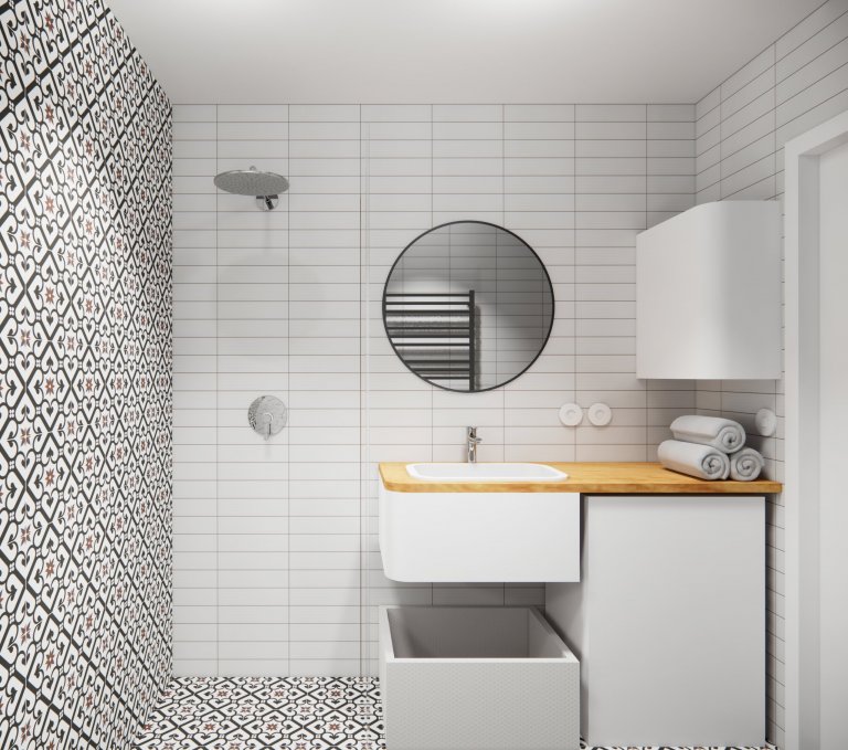 Koupelna s retro obkladem a skříňkou na míru, součástí koupelny je i pračka a prádlení koš pod skříňkou