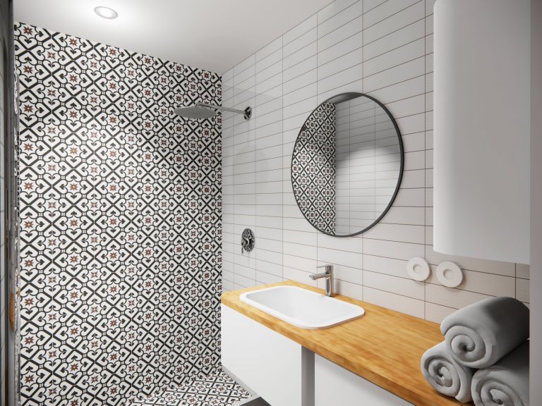 Koupelna s retro obkladem a skříňkou na míru, součástí koupelny je i pračka a prádlení koš pod skříňkou