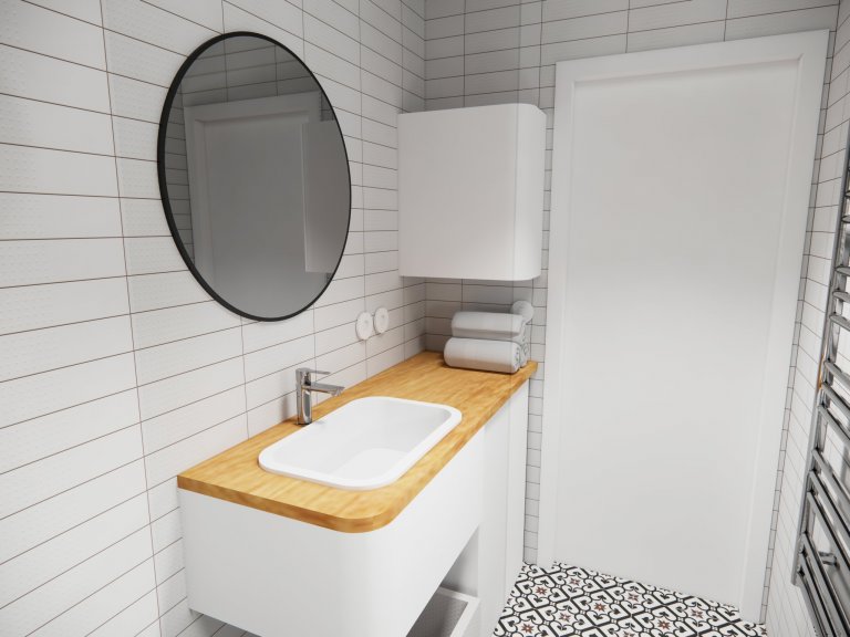 Koupelna s retro obkladem a skříňkou na míru, součástí koupelny je i pračka a prádlení koš pod skříňkou