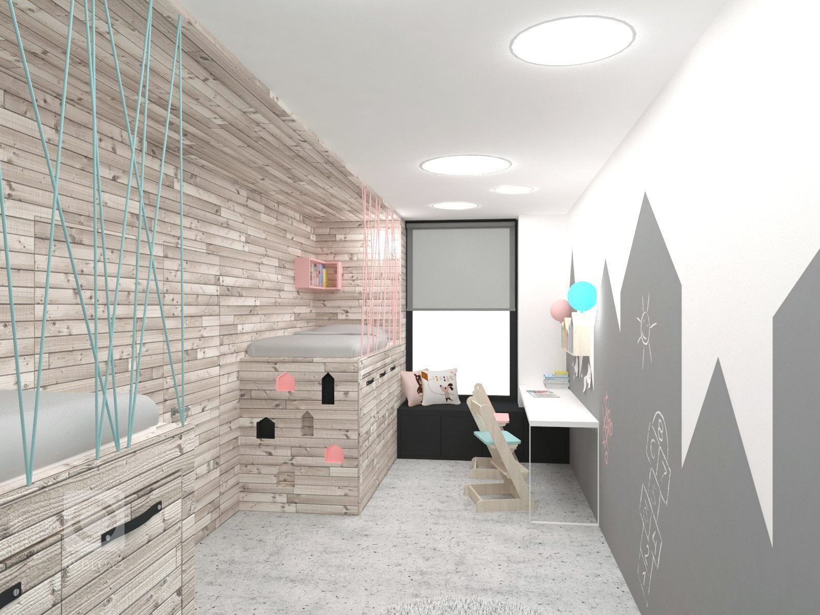 Děti mají prozatím pokoj dohromady, ale až vyrostou budou si moci pokoj rozdělit na poloviny a vytvořit si tak dva studentské pokoje...