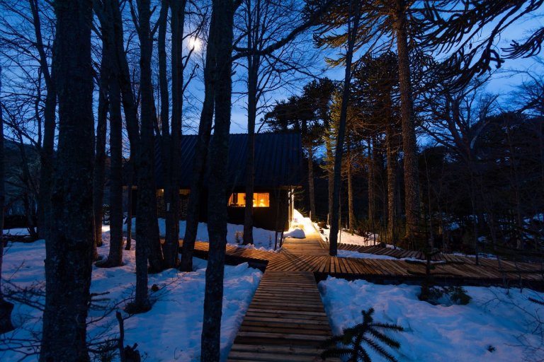 Chata uprostřed zasněženého lesa