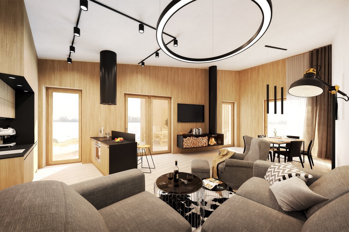 Interiér, ve kterém hraje hlavní roli dřevo, které doplňují přírodní tóny. Doplňkovým materiálem je betonová stěrka, která dodává prostoru vzhled surovosti a…