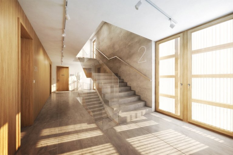 Interiér, ve kterém hraje hlavní roli dřevo, které doplňují přírodní tóny. Doplňkovým materiálem je betonová stěrka, která dodává prostoru vzhled surovosti a…