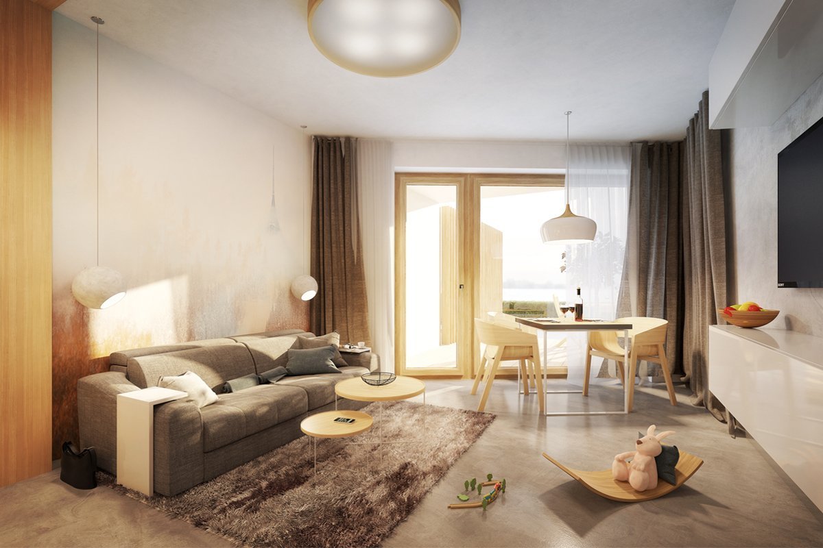 Interiér pro manželský pár, který bude sloužit jako byt pro rekreační dovolené. V&nbsp;jedné místnosti se zde kloubí kuchyň s&nbsp;jídelnou, obývacím pokojem a…