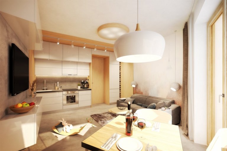 Interiér pro manželský pár, který bude sloužit jako byt pro rekreační dovolené. V&nbsp;jedné místnosti se zde kloubí kuchyň s&nbsp;jídelnou, obývacím pokojem a…