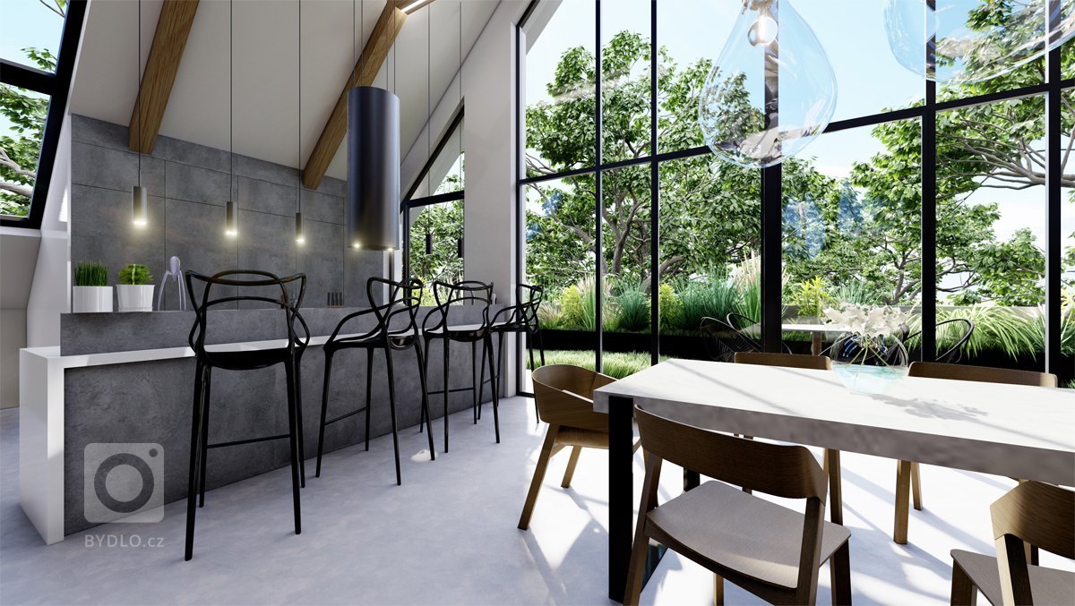 Netradiční interiér v&nbsp;přírodních tónech v&nbsp;kombinaci s&nbsp;dubovým dřevem, surovým betonem, betonovou stěrkou nebo mramorem. Půda prošla celkovou…