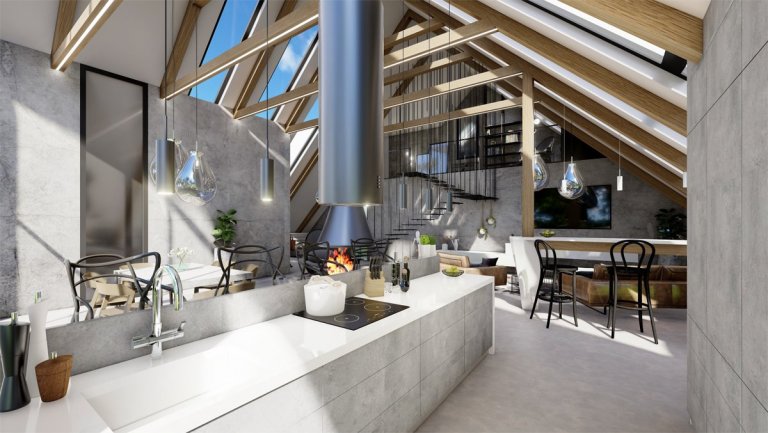 Netradiční interiér v&nbsp;přírodních tónech v&nbsp;kombinaci s&nbsp;dubovým dřevem, surovým betonem, betonovou stěrkou nebo mramorem. Půda prošla celkovou…