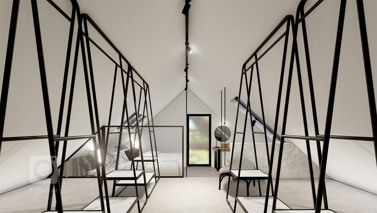 Netradiční interiér v&nbsp;přírodních tónech v&nbsp;kombinaci s&nbsp;dubovým dřevem, surovým betonem, betonovou stěrkou nebo mramorem. Půda prošla celkovou…