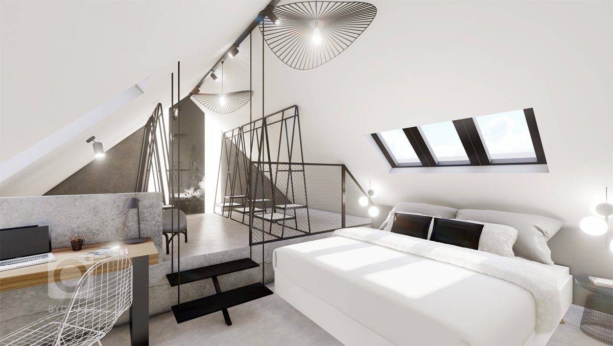 Netradiční interiér v&nbsp;přírodních tónech v&nbsp;kombinaci s&nbsp;dubovým dřevem, surovým betonem, betonovou stěrkou nebo mramorem. Půda prošla celkovou…