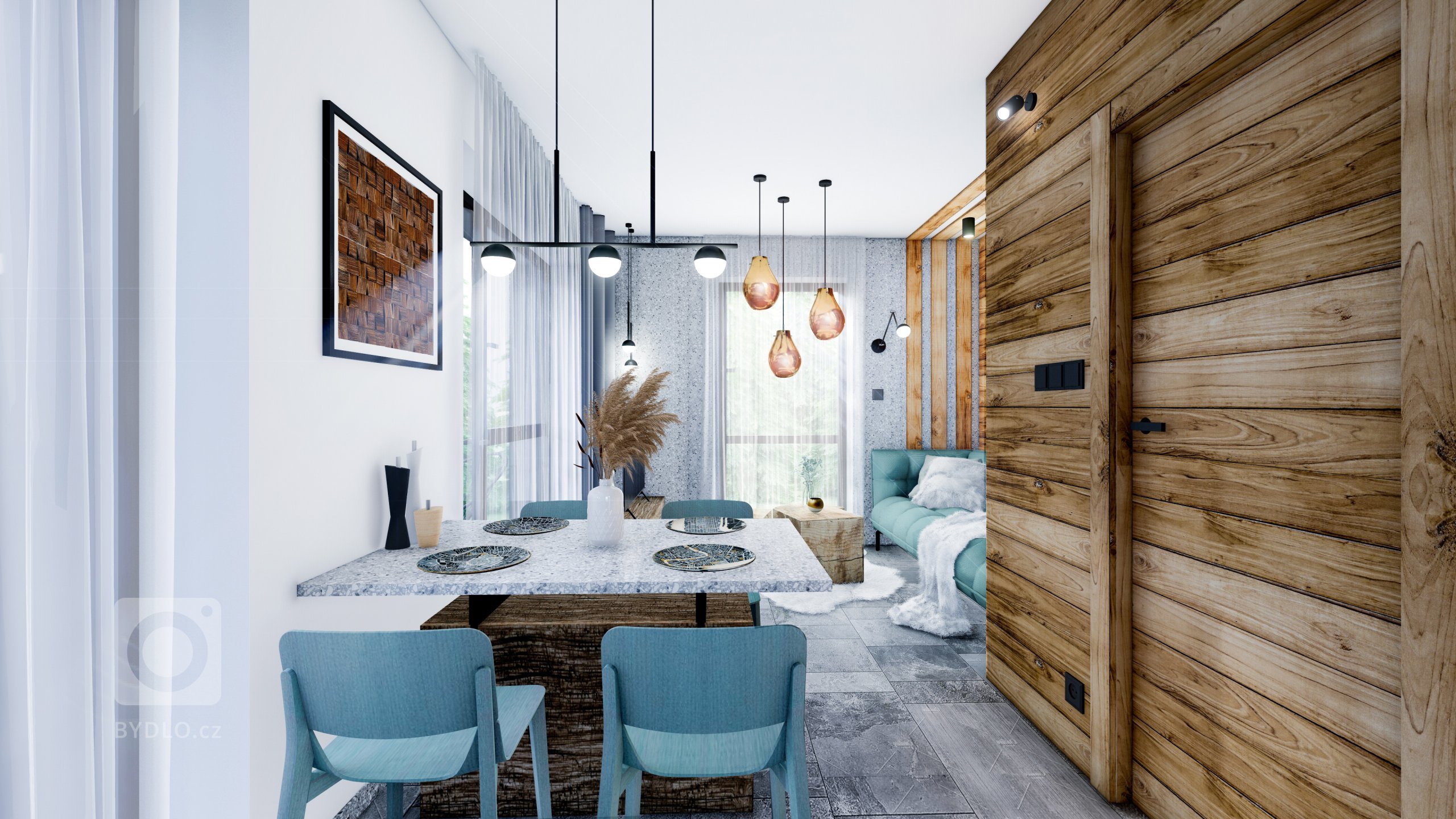 Moderní interiér v&nbsp;horském stylu v&nbsp;přírodě Jizerských hor, kde hraje hlavní roli obklad Terrazzo a&nbsp;kamenná podlaha v&nbsp;akcentu s&nbsp…