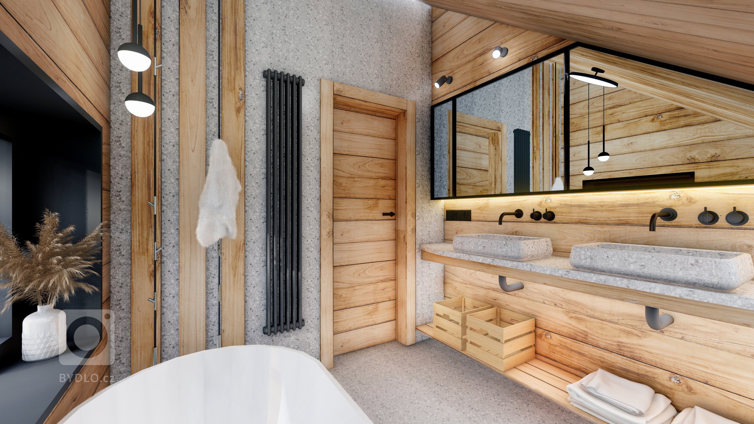 Moderní interiér v&nbsp;horském stylu v&nbsp;přírodě Jizerských hor, kde hraje hlavní roli obklad Terrazzo a&nbsp;kamenná podlaha v&nbsp;akcentu s&nbsp…