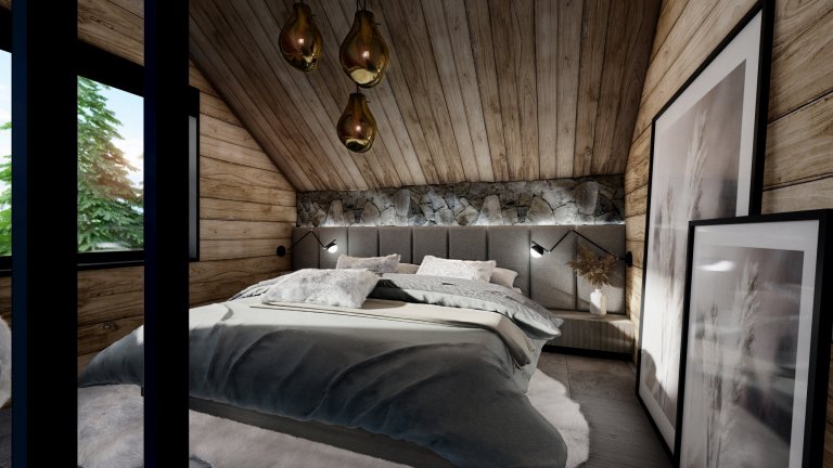 Moderní interiér v&nbsp;horském stylu v&nbsp;přírodě Jizerských hor, kde hraje hlavní roli obklad Terrazzo a&nbsp;kamenná podlaha v&nbsp;akcentu s&nbsp;tmavě…