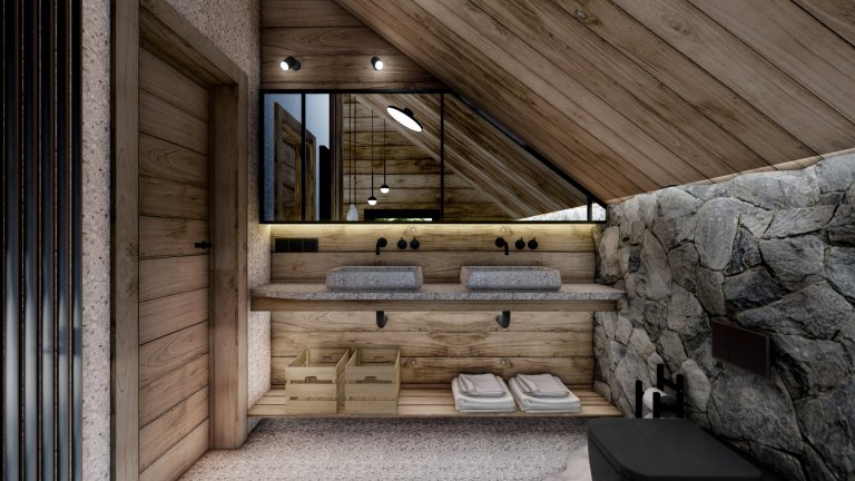 Moderní interiér v&nbsp;horském stylu v&nbsp;přírodě Jizerských hor, kde hraje hlavní roli obklad Terrazzo a&nbsp;kamenná podlaha v&nbsp;akcentu s&nbsp;tmavě…