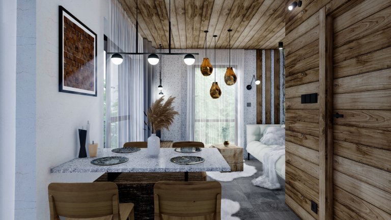 Moderní interiér v&nbsp;horském stylu v&nbsp;přírodě Jizerských hor, kde hraje hlavní roli obklad Terrazzo a&nbsp;kamenná podlaha v&nbsp;akcentu s&nbsp;tmavě…