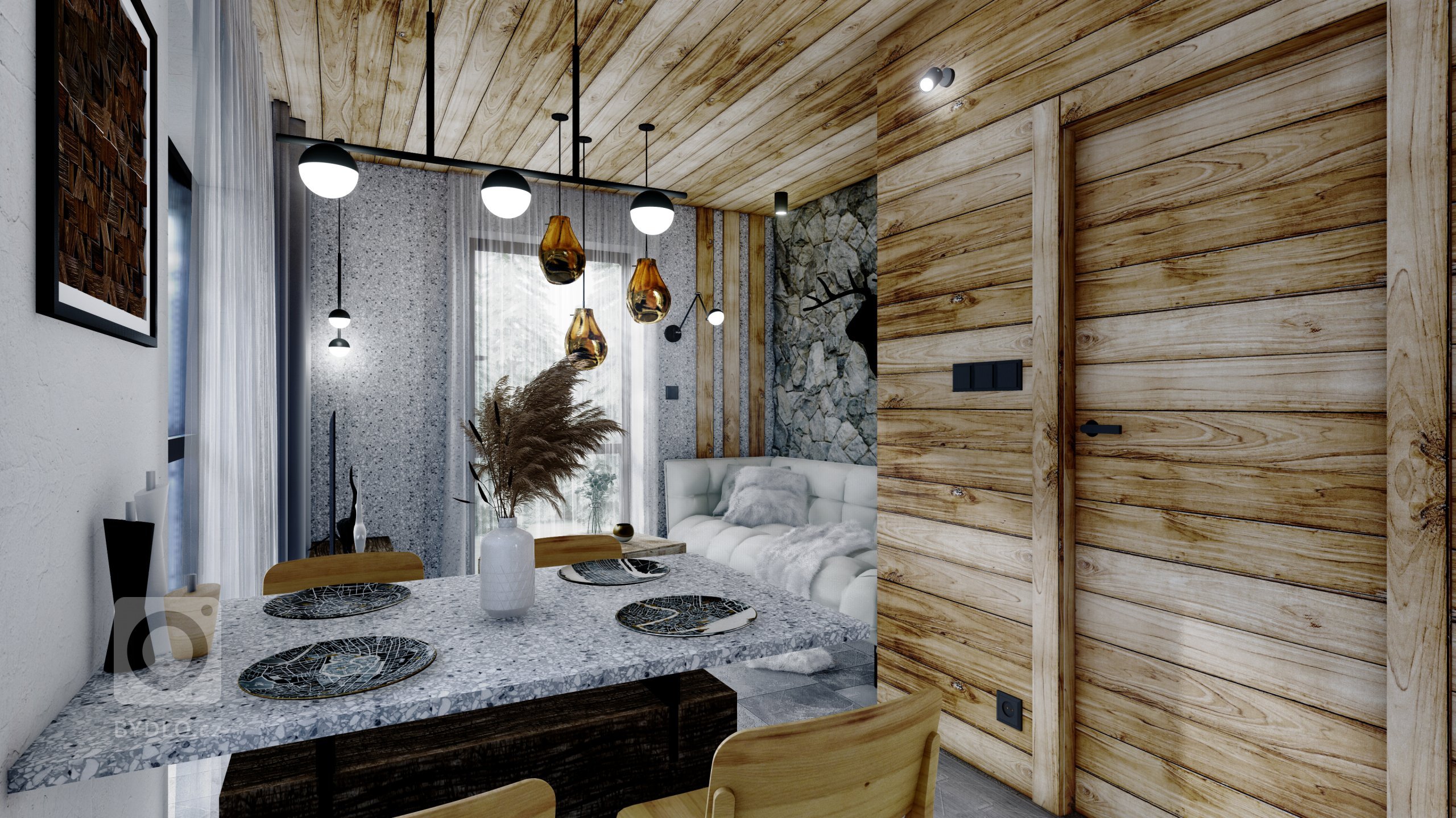 Moderní interiér v&nbsp;horském stylu v&nbsp;přírodě Jizerských hor, kde hraje hlavní roli obklad Terrazzo a&nbsp;kamenná podlaha v&nbsp;akcentu s&nbsp;tmavě…