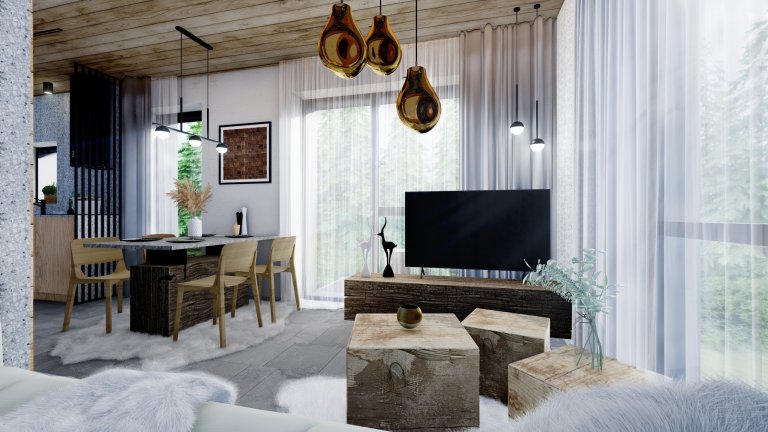 Moderní interiér v&nbsp;horském stylu v&nbsp;přírodě Jizerských hor, kde hraje hlavní roli obklad Terrazzo a&nbsp;kamenná podlaha v&nbsp;akcentu s&nbsp;tmavě…