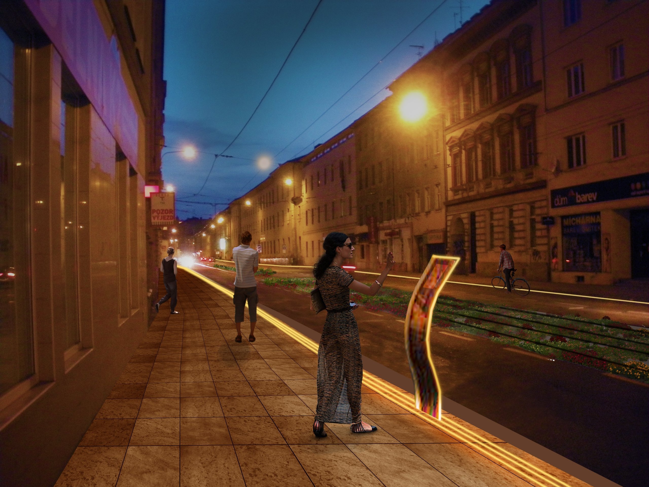 Na světelné "čáře", vycházející z Mahenova divadla (prvního elektricky osvětleného divadla v Evropě) jsou umístěny interaktivní hudební prvky. Na světelné "čáře", vycházející z Mahenova divadla (prvního elektricky osvětleného divadla v Evropě) jsou umístěny interaktivní hudební prvky.