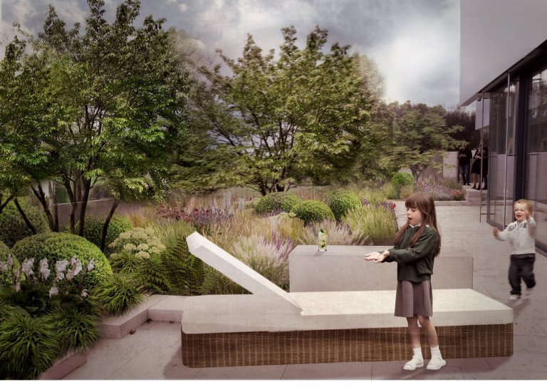 VIzualizace 1: Přírodní zahrada s dominantními trávami ladí s moderní architekturou domu.  