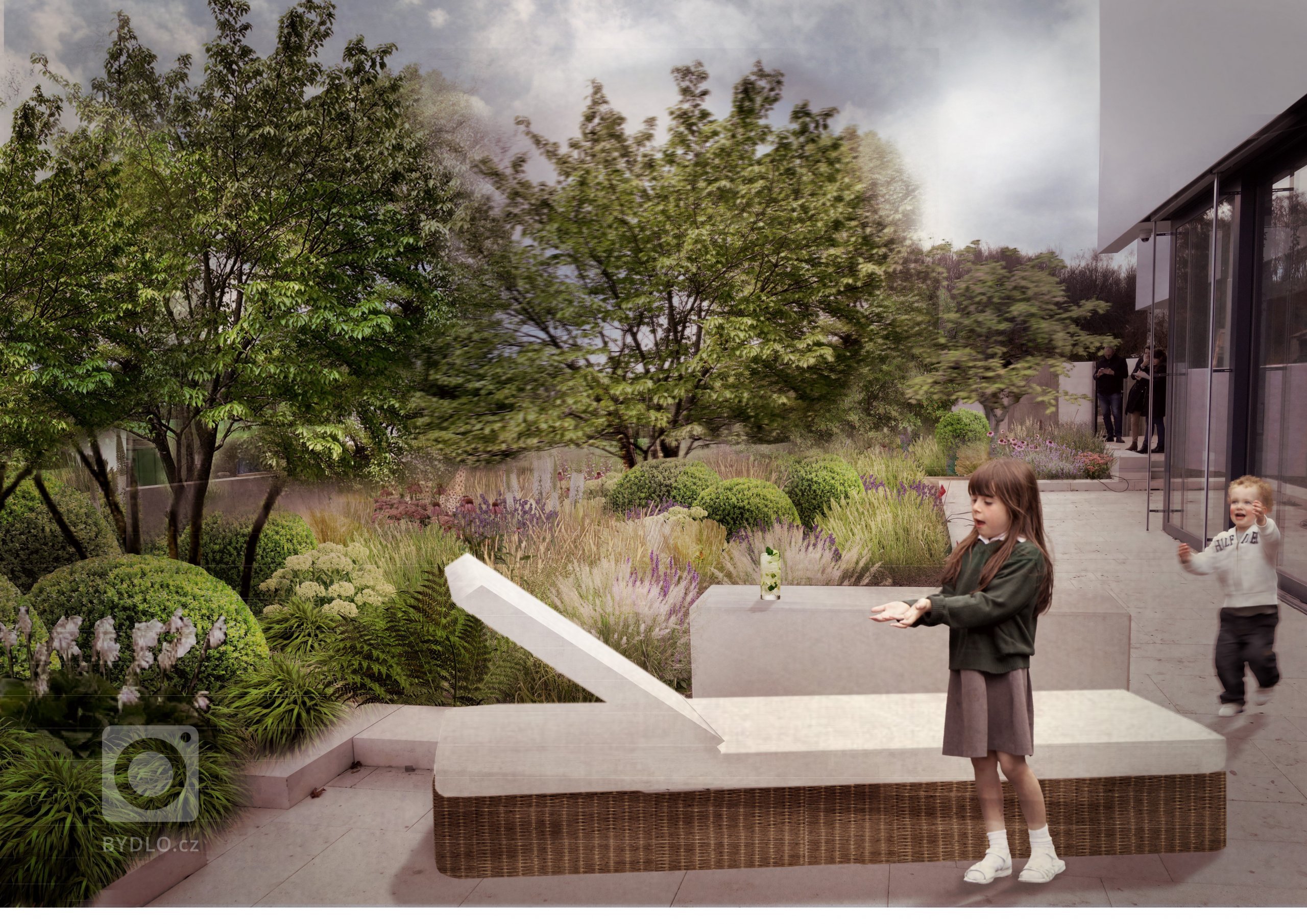 VIzualizace 1: Přírodní zahrada s dominantními trávami ladí s moderní architekturou domu.  