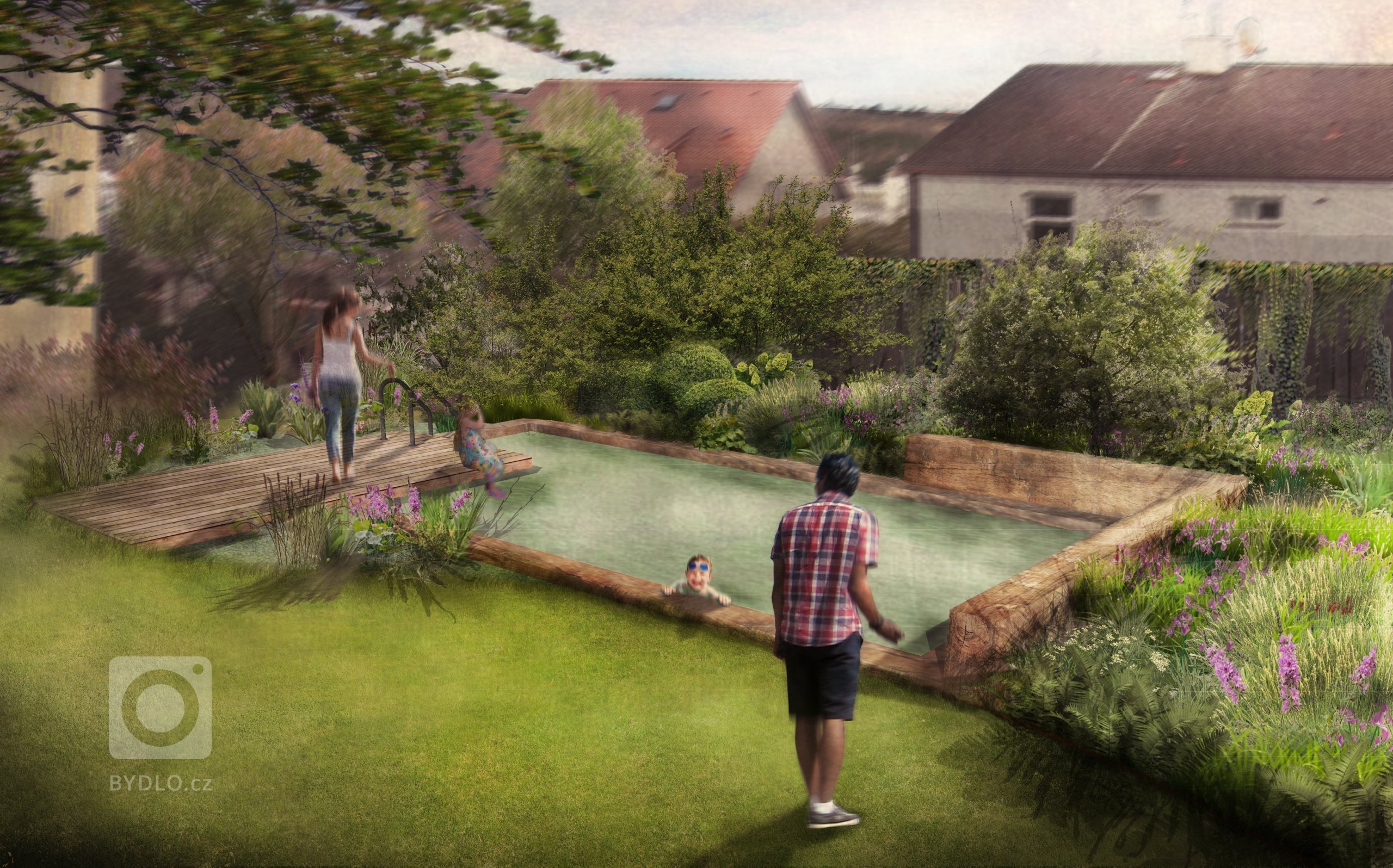 VIzualizace 2: Moderní a elegantní řešení bio bazénu orámovaného masivními dubovými trámy.