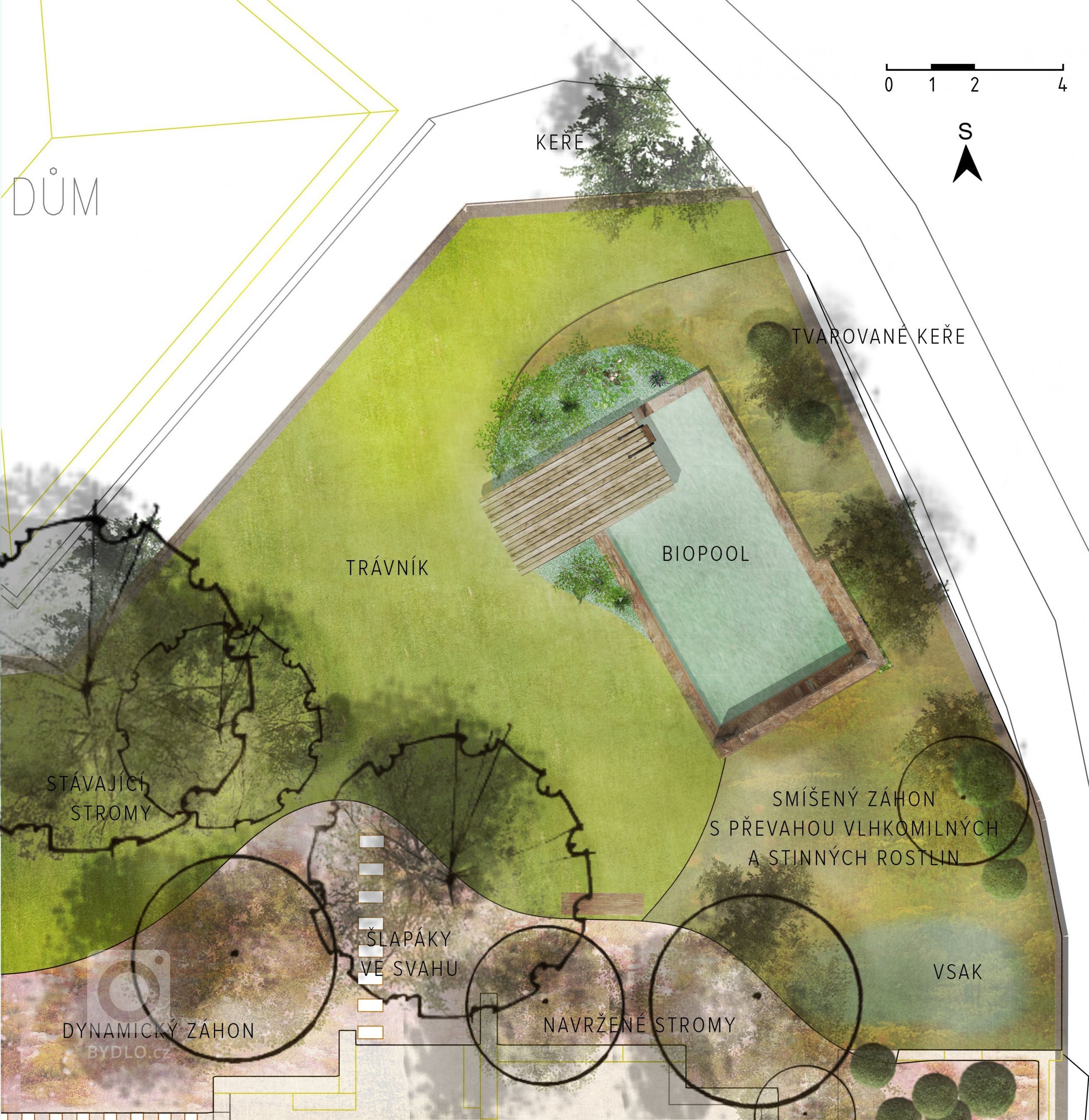 Ve druhé variantě bylo navrženo využití základů stávajícího bazénu a jeho přeměna na přírodní bio bazén, který využívá čistící schopnosti rostlin v regenerační zóně.