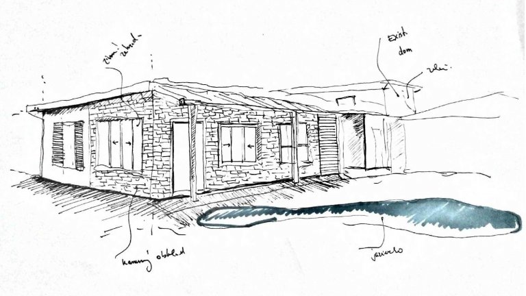   V centre dispozície je dominantná studňa, ktorá rozdeľuje prístavbu a už existujúci rodinný dom. V minulosti slúžilo 1.NP existujúceho domu ako sklad a pivnica, 2.NP ako spálňa. V návrhu sme prepojili pracovňu s prístavbou. Na základe klientom naznačených dispozičných väzieb a prioritných exteriérových výhľadov a priehľadov vznikol koncept kvádrovitého prízemného domu, aj s vlastným prírodným ,,stredom,, domu vnútorným átriom studňou.  Dispozičné riešenie tak muselo byť rozdelené do viacerých zón. 1- pracovňa, 2- denná zóna, 3- átrium so studňou, 4- nočná zóna. Dominantnou časťou je átrium so studňou, ktoré je prepojené so záhradou. V južnej časti prístavby je situovaná priestranná obývacia izba s kuchynským kútom, čítacím okienkom a zimnou záhradou. Z obývacej izby je prístupná spálňa, čo bola požiadavka investora. Ďalej tu nájdeme priestrannú komoru, kúpeľňu a technickú miestnosť. Skrine a police sa nachádzajú v chodbe a prinášajú mnoho praktických úložných priestorov. Nočná zóna sa nachádza v 2. NP v už existujúcom rodinnom dome. Je oddelená od dennej zóny dominantnou studňou.