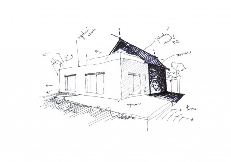 Dominantné schodisko je navrhnuté ako votknuté a prepája jednotlivé časti rodinného domu. Na konci chodby je situované presklenie, ktoré smeruje k existujúcemu potoku. Pôsobí temne, no zároveň dodáva presvetlenie do existujúcej chodby. Kúpeľňa, a detská izba sa nachádza v pôvodnom objekte. V navrhnutej časti je situovaná aj hosťovská izba a pohotovostné wc zo záhrady. Na podkroví je situovaná iba nočná zóna, spálňa, so vstupom na exteriérovú terasu. Nad vsadenou prístavbou je navrhnutá vegetačná strecha, ktorá príjemne zapadla do krásnej prírody.  Pôvodný objekt bol očistený od neskorších prístavieb (humno), pôvodné murivo bolo zateplené. Najväčšou transparentnou plochou sú posuvné sklenené dvere, ktoré otvárajú prízemie do záhrady a rozširujú obytný priestor o letnú terasu, zároveň však ponúka nádherné výhľady do exteriéru. 
