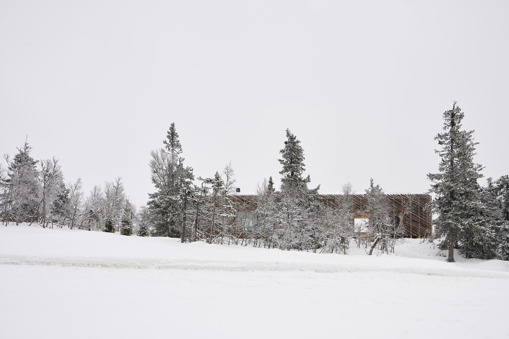 Chata zabalená plotem odolává drsným podmínkám na vrcholku hory
