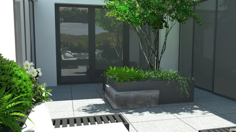 Základní myšlenkou návrhu je pojetí části terasy, která je ze tří stran obklopena bytem, jako átriového prostoru. Vzhledem k exponovanosti části terasy ze tří…