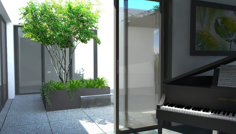 Základní myšlenkou návrhu je pojetí části terasy, která je ze tří stran obklopena bytem, jako átriového prostoru. Vzhledem k exponovanosti části terasy ze tří…