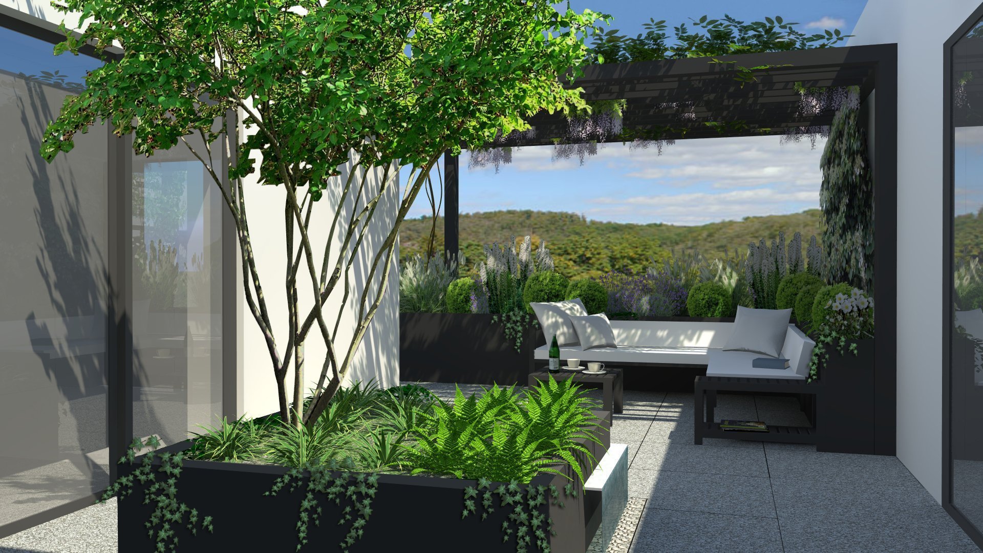 Základní myšlenkou návrhu je pojetí části terasy, která je ze tří stran obklopena bytem, jako átriového prostoru. Vzhledem k exponovanosti části terasy ze tří…