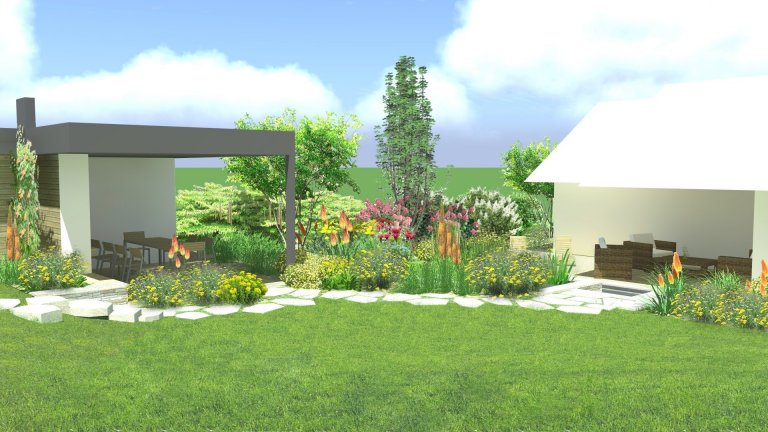 zpětný pohled ze zahrady k pergole a domu