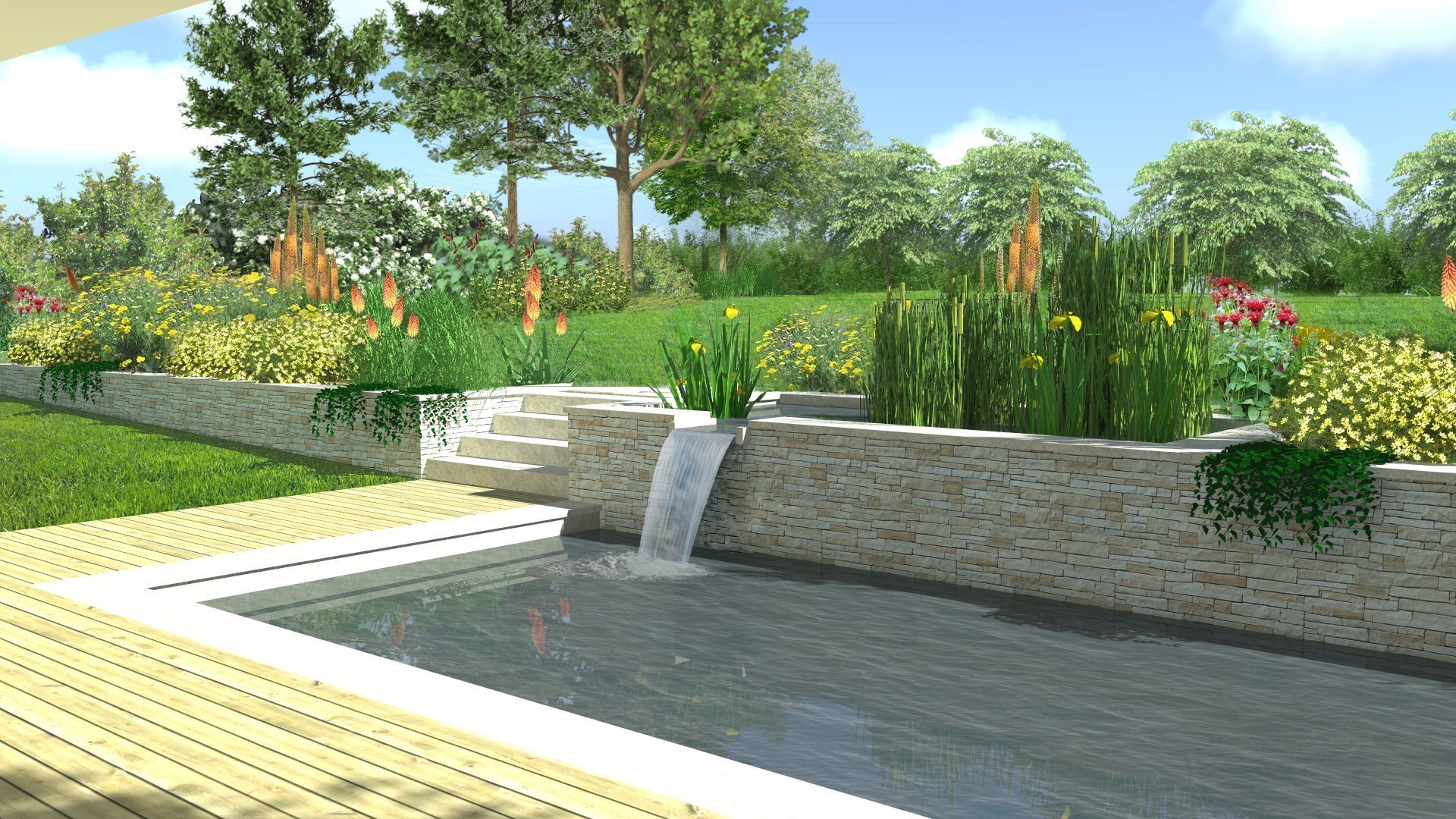 pohled na koupací jezírko s vodním přepadem