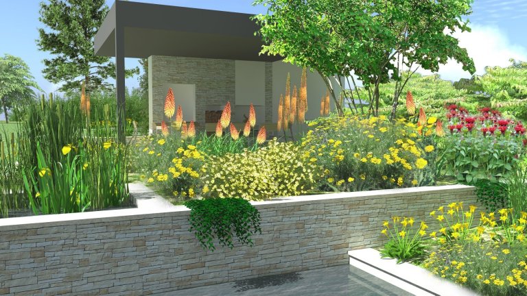 pohled skrz jezírko na pergolu