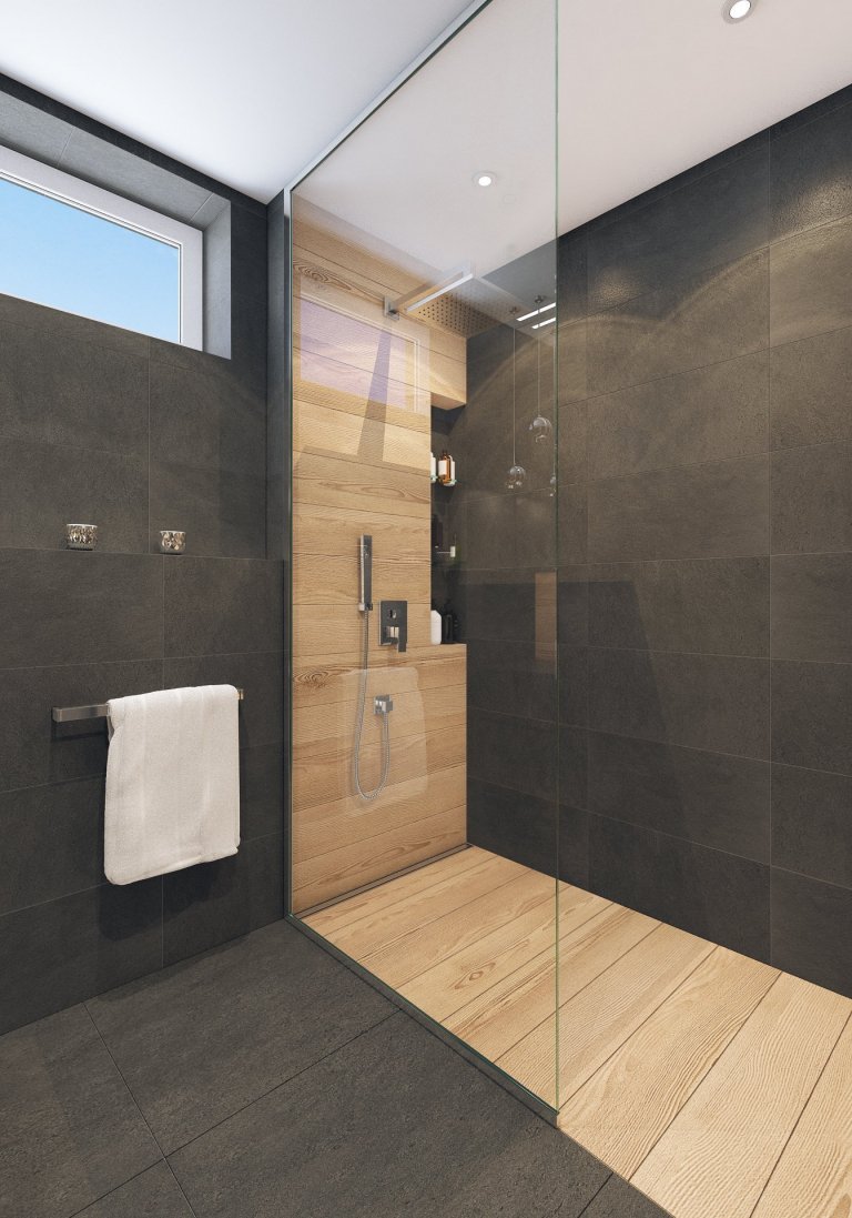 Návrh interiéru bytu pro mladého muže. V interiéru převládá kombinace antracitové barvy s bílou, světlým dřevodekorem a šedou. Doplňkou barvou je tmavě modrá,…