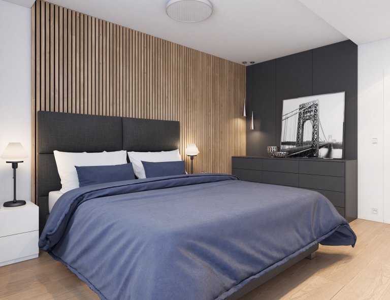 Návrh interiéru bytu pro mladého muže. V interiéru převládá kombinace antracitové barvy s bílou, světlým dřevodekorem a šedou. Doplňkou barvou je tmavě modrá,…