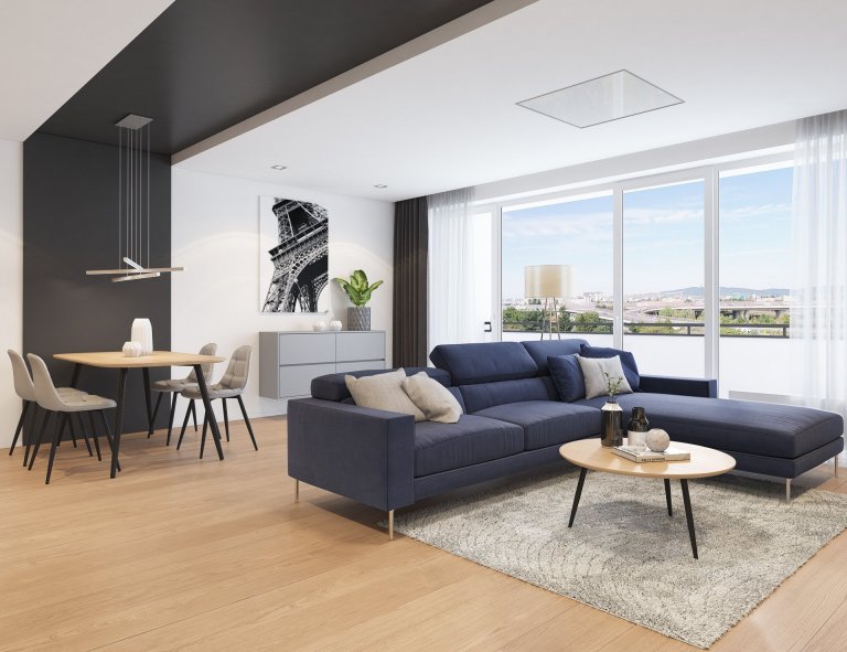 Návrh interiéru bytu pro mladého muže. V interiéru převládá kombinace antracitové barvy s bílou, světlým dřevodekorem a šedou. Doplňkou barvou je tmavě modrá,…