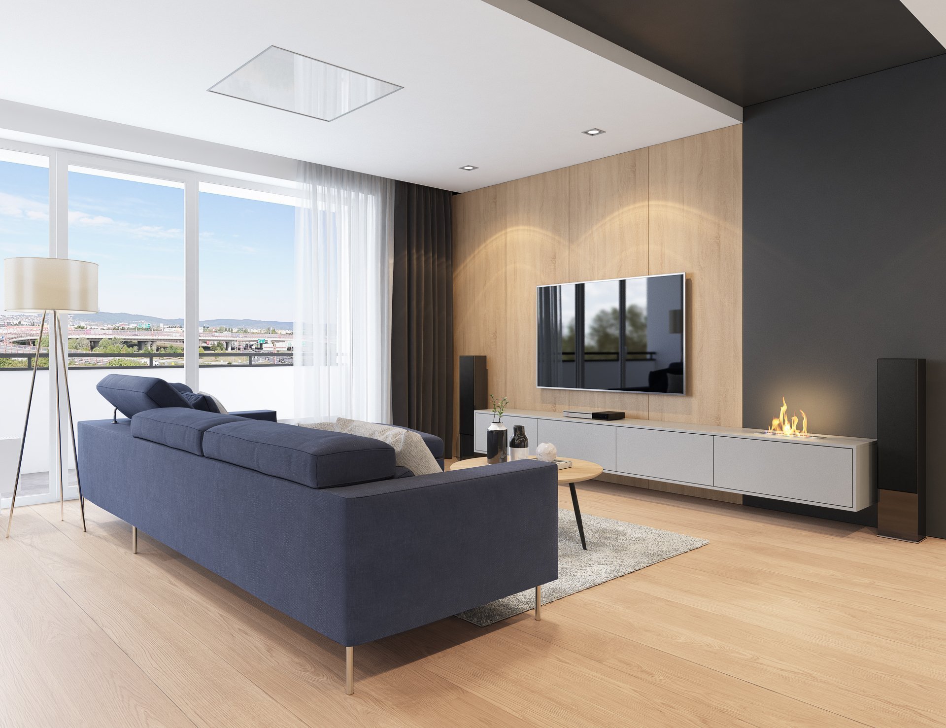 Návrh interiéru bytu pro mladého muže. V interiéru převládá kombinace antracitové barvy s bílou, světlým dřevodekorem a šedou. Doplňkou barvou je tmavě modrá,…