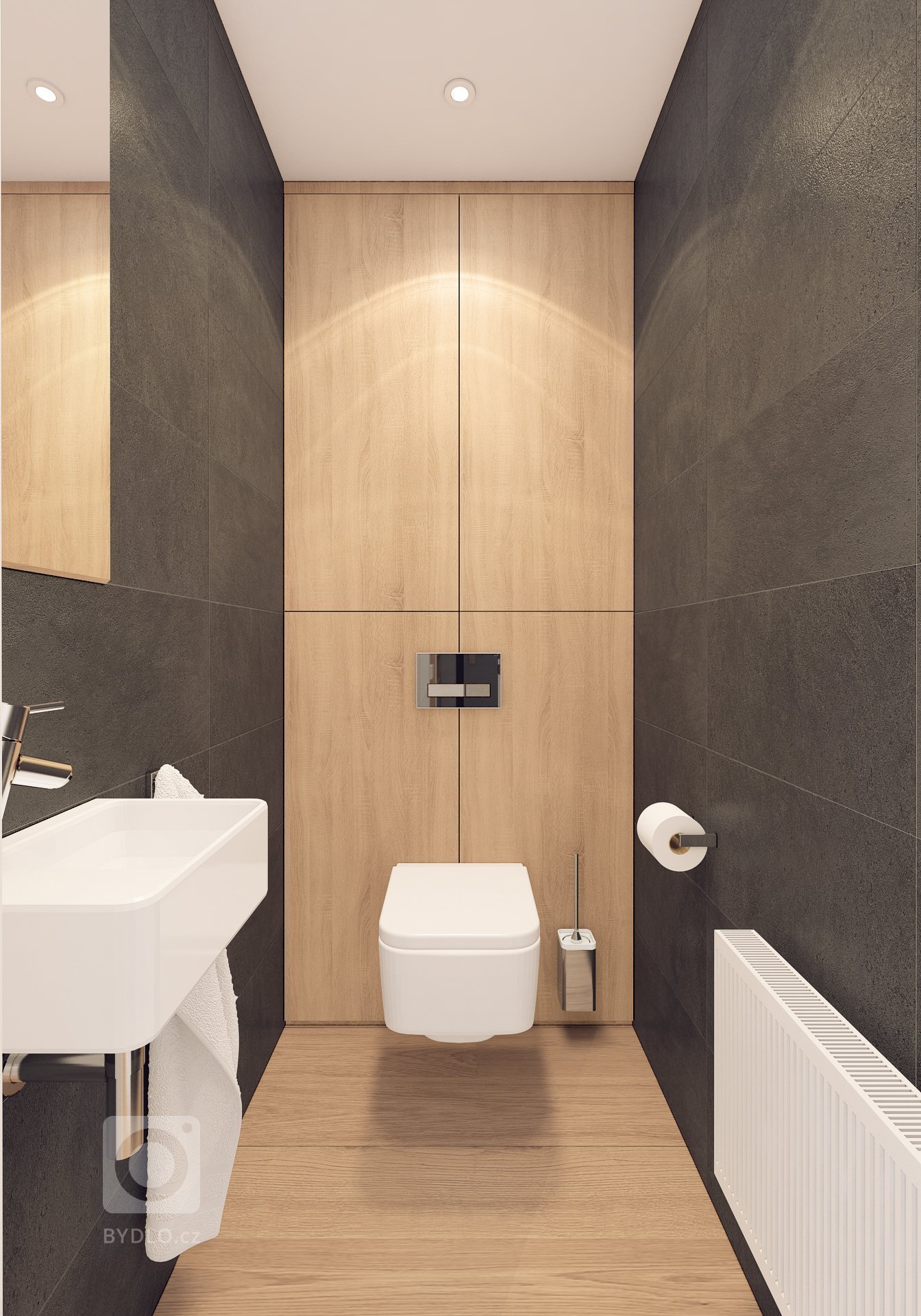 Návrh interiéru bytu pro mladého muže. V interiéru převládá kombinace antracitové barvy s bílou, světlým dřevodekorem a šedou. Doplňkou barvou je tmavě modrá,…