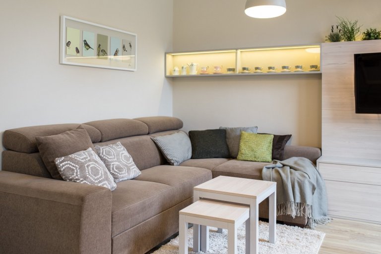 Obývací pokoj se zahrádkou pro starší manžele, kteří si pořídili pohodlné bydlení na léta zaslouženého odpočinku. Jejich přáním byla střídmost a jednoduchost.…