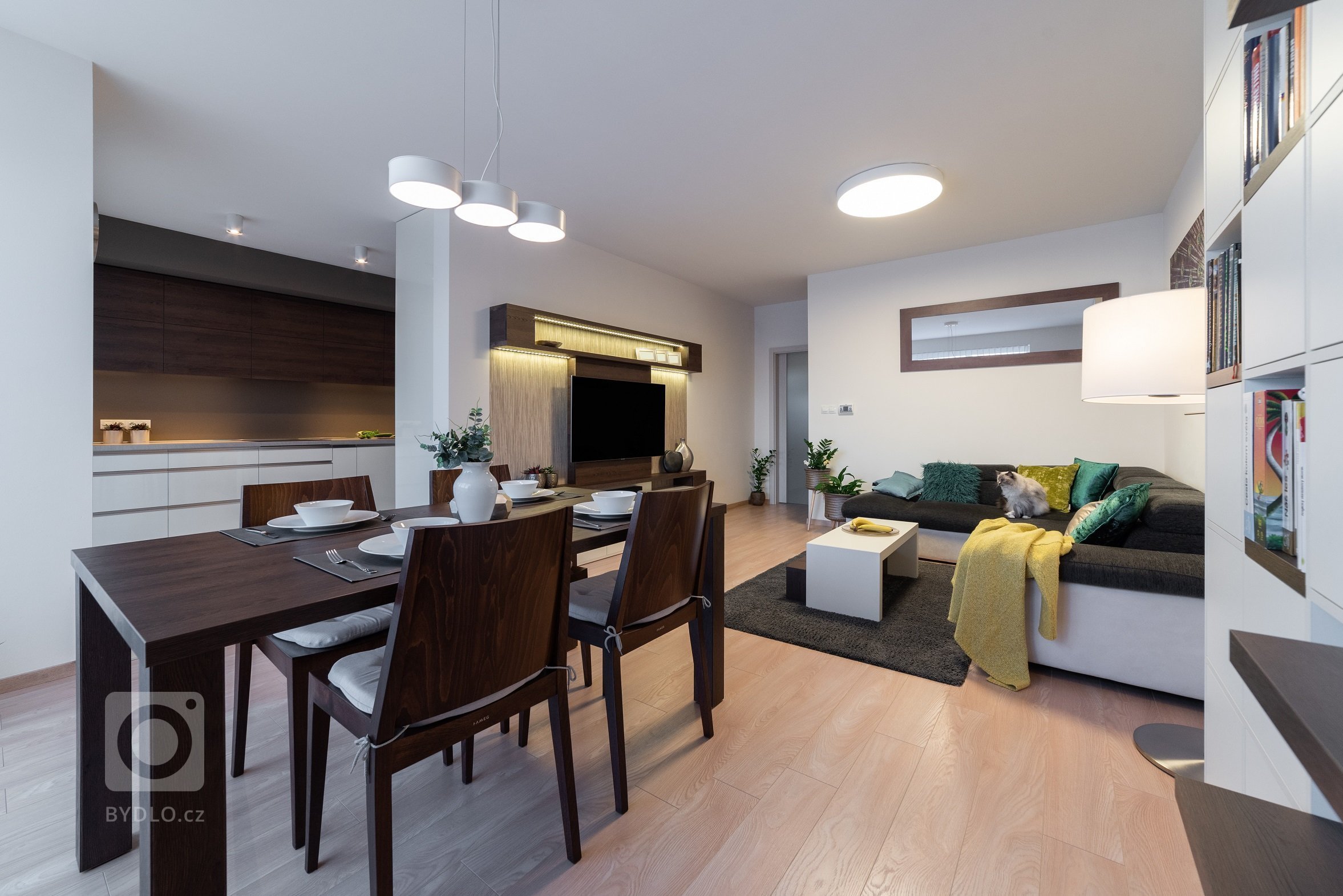 Mým hlavním úkolem bylo kromě obýváku a kuchyně vymyslet knihovnu, která bude sloužit i kočkám - po které budou moci vyšplhat až na vrchol a v&nbsp;klidu…