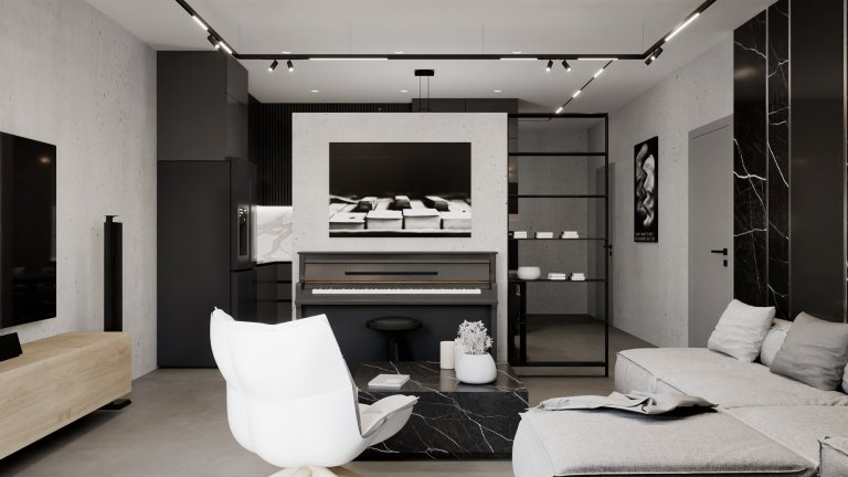 Pánsky luxusný čierny tmavý interiér 