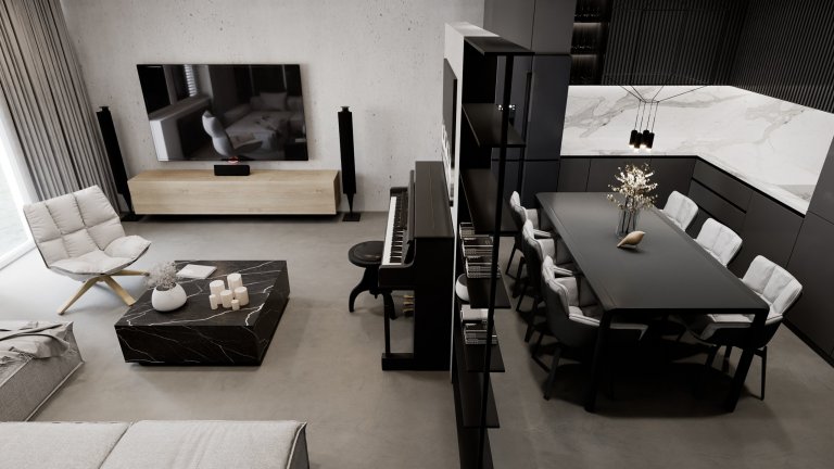 Pánsky luxusný čierny tmavý interiér 