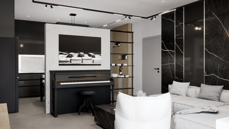 Pánsky luxusný čierny tmavý interiér 