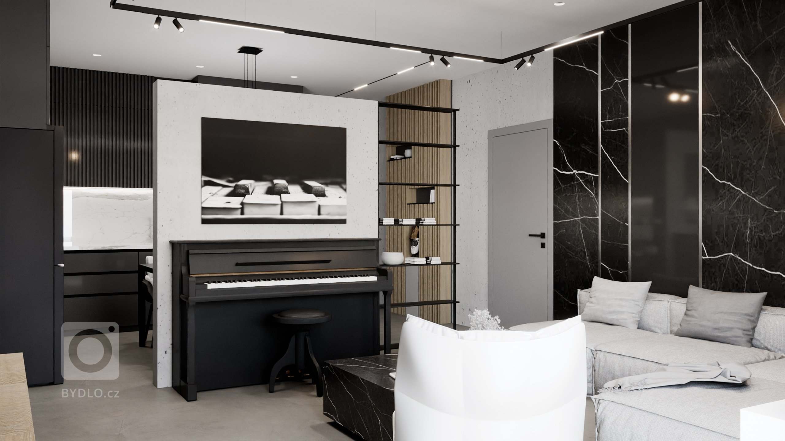 Pánsky luxusný čierny tmavý interiér 