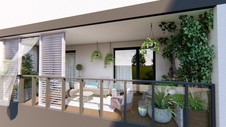 

Balkon je v současné době amatérsky upravený, nachází se na něm malé posezení, dekorace v podobě šicího stroje a několik květináčů a truhlíků se zelení.…