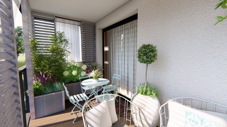 

Balkon je v současné době amatérsky upravený, nachází se na něm malé posezení, dekorace v podobě šicího stroje a několik květináčů a truhlíků se zelení.…