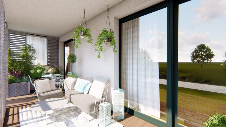 

Balkon je v současné době amatérsky upravený, nachází se na něm malé posezení, dekorace v podobě šicího stroje a několik květináčů a truhlíků se zelení.…